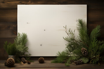 Generative AI Image of Empty White Frame with Pine Decoration on Wooden Wall Background