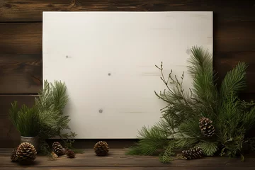 Outdoor-Kissen Generative AI Image of Empty White Frame with Pine Decoration on Wooden Wall Background © heartiny