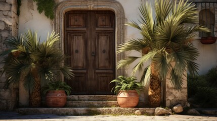 The aesthetically beautiful exterior of a building in Sicily, Italy. Two yucca palms in pots in front of a doorway. Entrance to the old stone villa in the rays of the sun.
