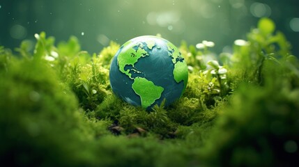 Obraz na płótnie Canvas Green planet Earth with grass on green background
