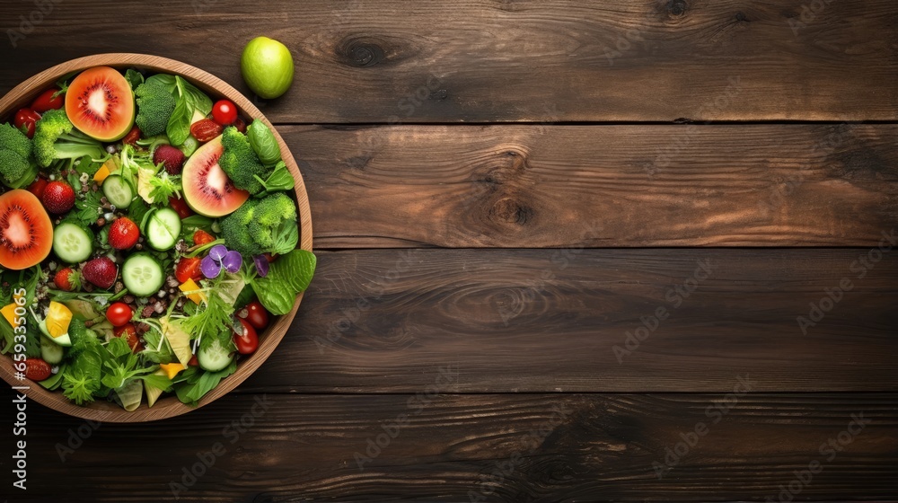 Poster fresh salad with fruits and greens on vintage wooden background top view with space for text.