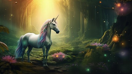 A beautiful unicorn in a magical forest - digital illustration