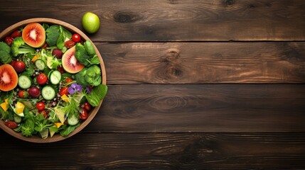 Obraz na płótnie Canvas Fresh salad with fruits and greens on vintage wooden background top view with space for text.