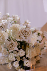 Table decoration for guests and newlyweds. Wedding decoration. Wedding dinner.
