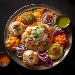 Photo of a colorful plate of raj kachori, a North Indian delight, captured with a wide-angle lens for variety Generative AI - obrazy, fototapety, plakaty