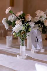 Table decoration for guests and newlyweds. Wedding decoration. Wedding dinner.