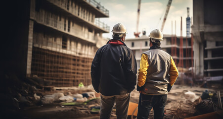 Two engineers or site managers stand on construction site and inspect the construction - Industry and construction theme.