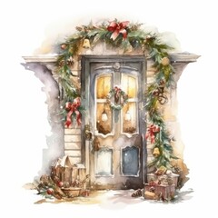 Christmas home decoration, Christmas wreath on the door in winter, art illustration painted with watercolors isolated on white background., symbol of Christmas and new year, greeting card, generative 