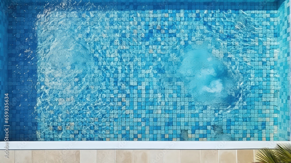 Poster top view of a beautiful idyllic rectangular swimming pool with blue mosaic at the bottom