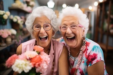 Two laughing elderly women with white hair take selfie