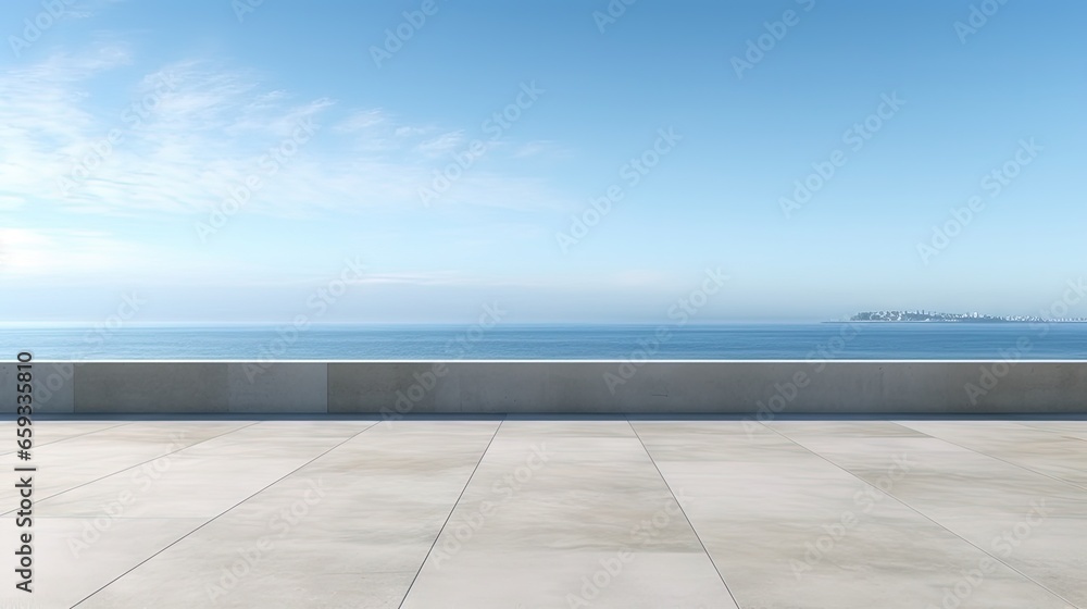 Aufkleber empty concrete floor and gray wall. 3d rendering of sea view plaza with clear sky background.