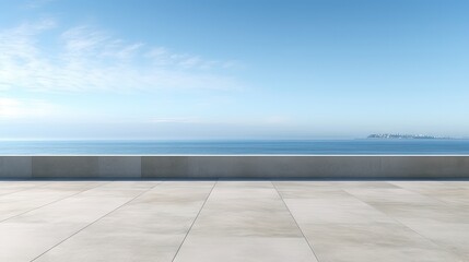Empty concrete floor and gray wall. 3d rendering of sea view plaza with clear sky background. - Powered by Adobe