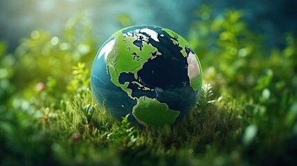 Obraz na płótnie Canvas Green planet Earth with grass on green background