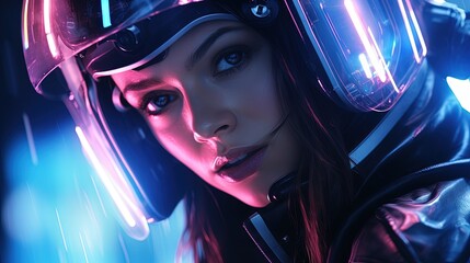 Fototapeta premium Realistic portrait of a sci-fi neon cyberpunk girl in a cyber suit. High-tech futuristic man from the future. The concept of virtual reality and cyberpunk. 3D render. 3D Illustration