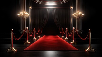 3d render image of an entrance with red carpet and side lights with black background. celebrity and exclusivity concept.