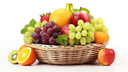 Composition with assorted fruits in wicker basket isolated on white