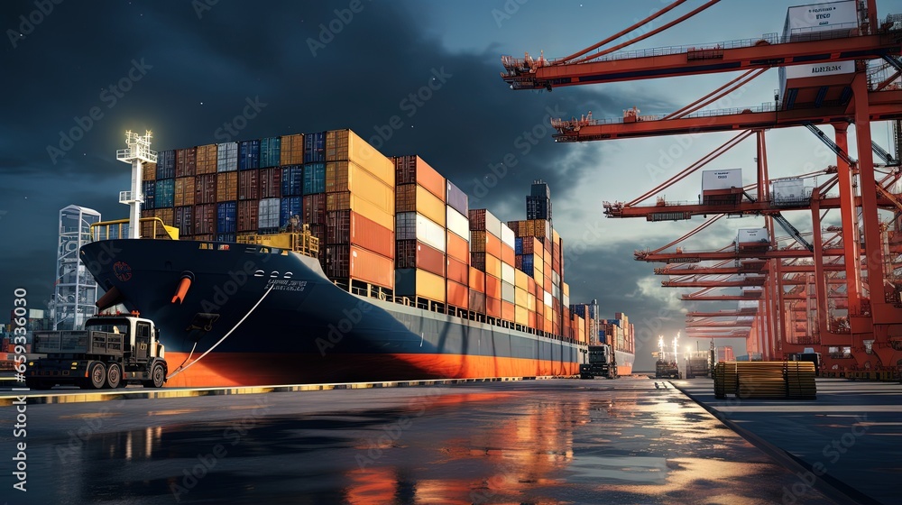 Poster container loading in a cargo freight ship with industrial crane. container ship in import and export