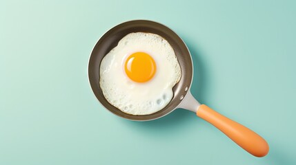 top view of a pan with single fried egg on pastel background