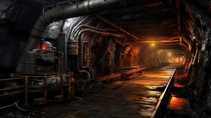Belt conveyor in an underground tunnel. Transportation of ore to the surface
