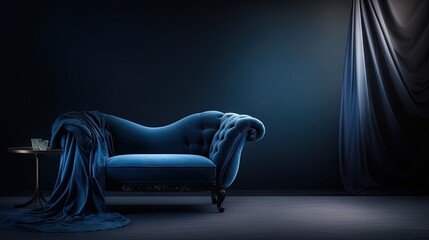 Upholstered furniture made of velor blue fabric with a curved element and a close-up carriage tie. Background of designer furniture in deep shadows with empty space for text. with copy space.