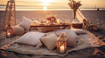 Luxuary setup picnic in Boho style on a beach, park. Bachelorette party, birthday celebration outdoors, wedding.