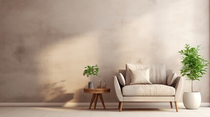 Boho style interior with gray sofa and armchair on cream color wall background.3d rendering