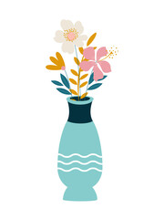 Spring flowers in a blue vase isolated on a white background. Vector.
