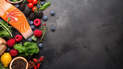 Assorted food for brain health and good memory: fresh salmon, vegetables, nuts, berries on stone background. Healthy fresh products to boost brain power, top view