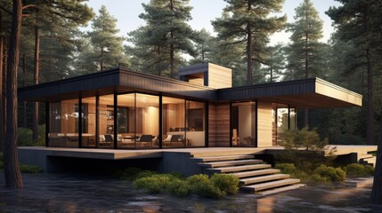 Fototapeta na wymiar 3d rendering of a wooden modern house in the woods