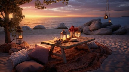 picnic in the evening at sunset on the sandy shore of the sea or ocean. decor in boho and rustic style.