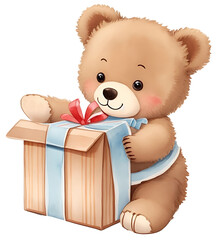 Cute teddy bear with a gift box on a white background