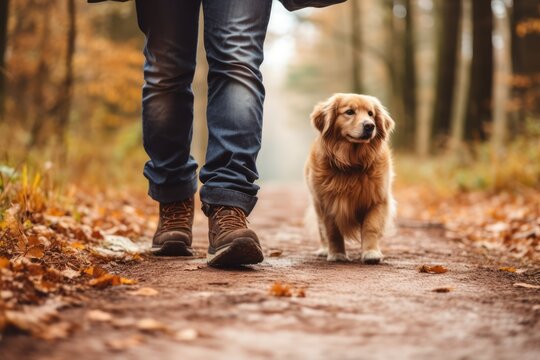 pedestrian walking with dog in park forest. travel concept. close-up view of a legged man walking with a dog in a park in the forest. pet dog walking travel concept.