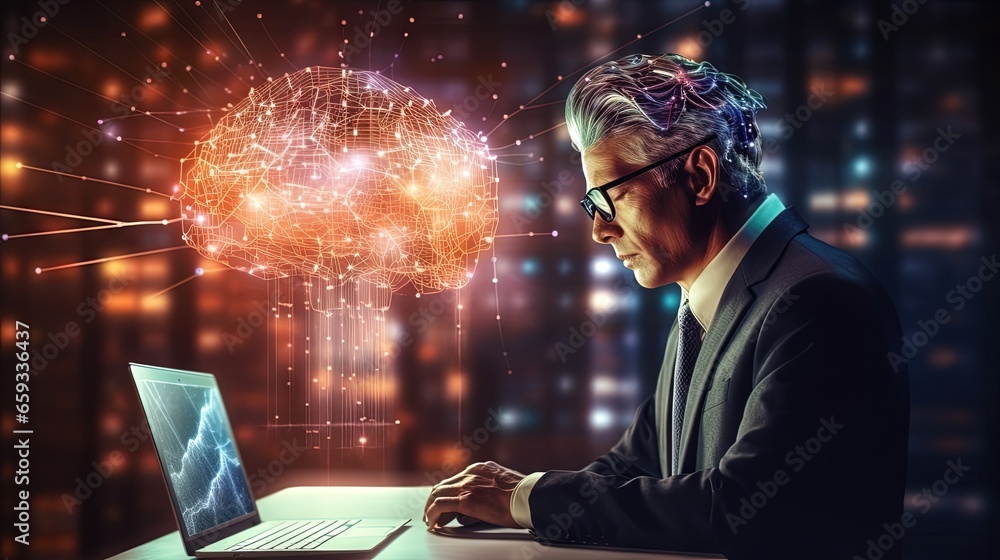 Aufkleber AI Technology. Businessman touch brain working data and Algorithm of Artificial Intelligence in the future business and coding software development synchronize network connection, Data science.