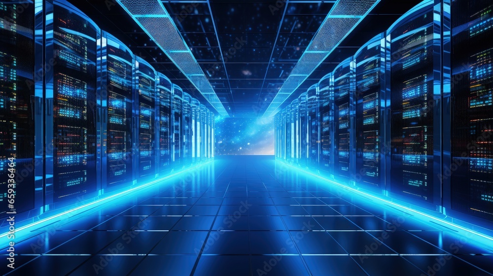 Poster Big data analysis, cloud computing in data center. Technology storage, protection, processing digital information in internet. Server racks in datacenter compute statistics and social media big data.