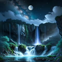 Heavenly Waters: Moonlit Waterfall Extravaganza