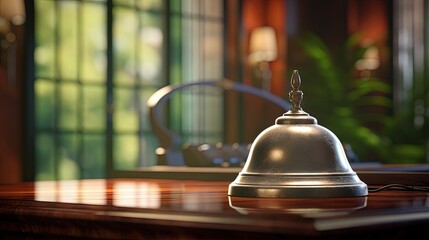 Service bell at information desk at a hotel, motel or restaurant for hospitality industry background. Customer service or help at receptionist in a luxury suite for tourism business - obrazy, fototapety, plakaty