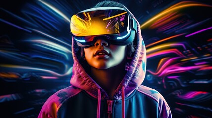 Naklejka na ściany i meble Teenager wearing virtual reality goggles, abstract world with neon lines. Virtual reality, new high technology, augmented future, global web concept