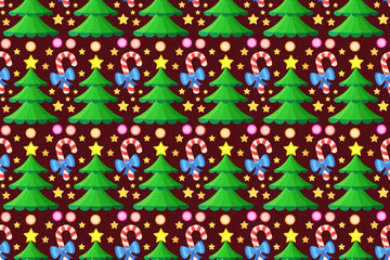 Seamless pattern with candies and Christmas trees.