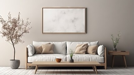 Creative composition of stylish living room with beige sofa with pillow, wooden coffee table, glass vase with dried flowers, personal accessories. Mock up poster frame. Home decor. Template.