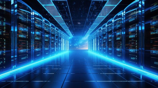 Big data analysis, cloud computing in data center. Technology storage, protection, processing digital information in internet. Server racks in datacenter compute statistics and social media big data.