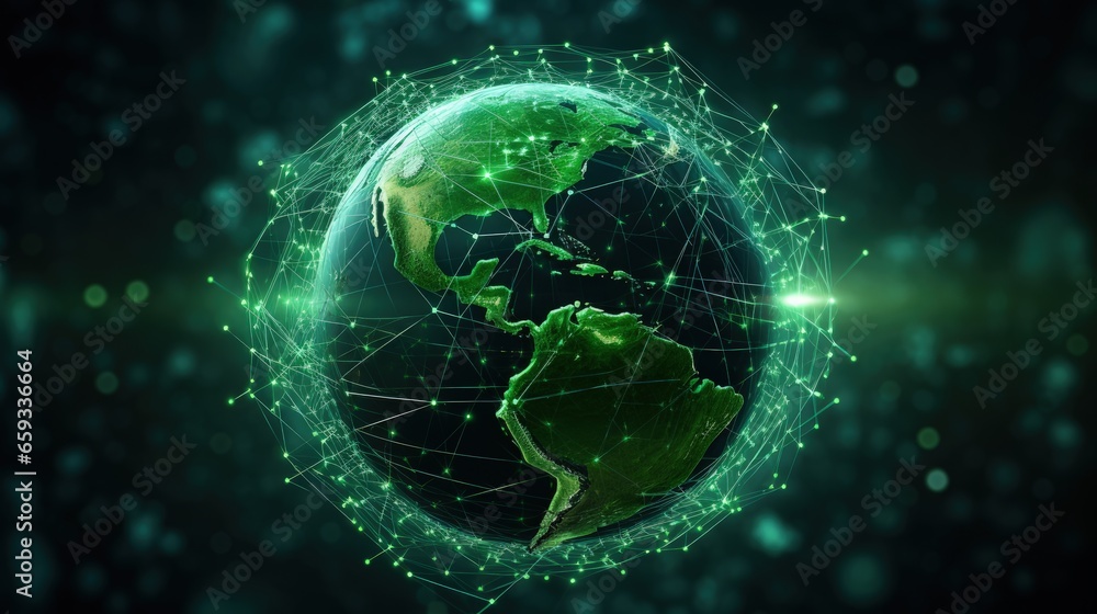 Leinwandbilder virtual planet earth with particles and lines. network connection big data. abstract technology gree