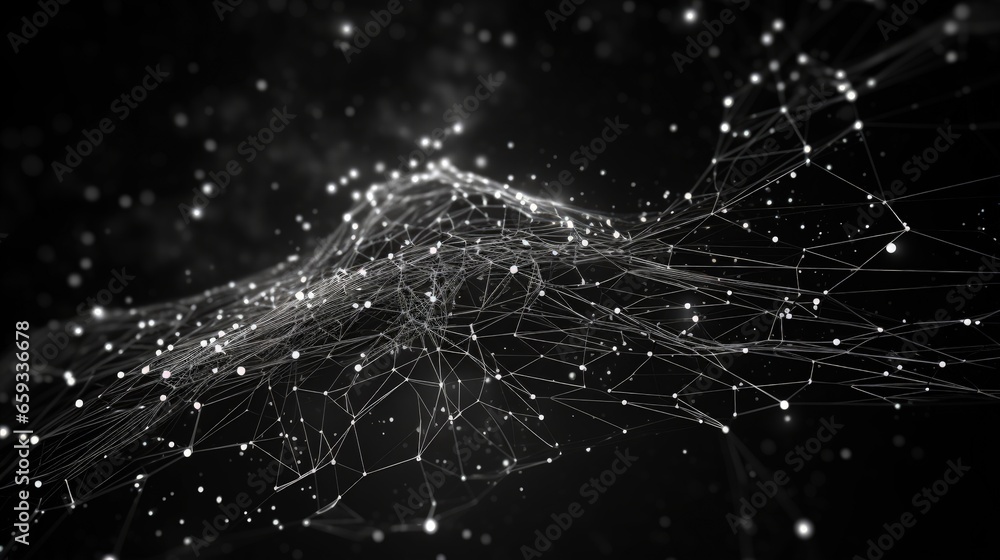 Poster Data stream. Big data 3D illustration. Neural network and cloud technologies. Global database and artificial intelligence. Bright, black and white background with bokeh effect