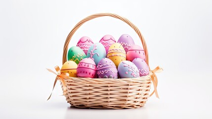 Colorful easter cookies in basket with Multi colors Easter eggs isolated on white background....