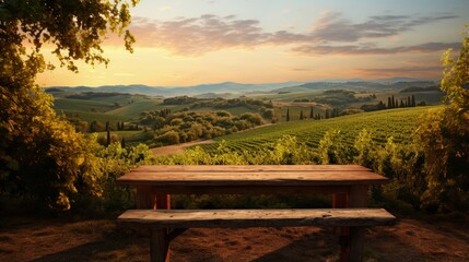 empty wooden table on the background of vines, tuscan landscape at sunrise