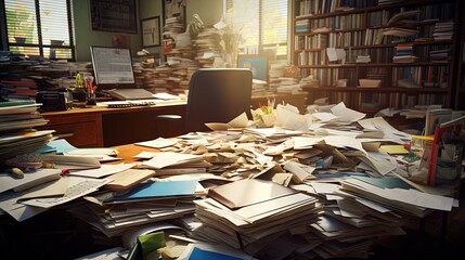 Messy office desk and table with piles of files and disorganized clutter. - obrazy, fototapety, plakaty