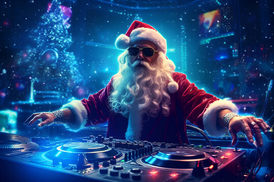 DJ Santa Claus in glasses on a blue background at the New Year party 3