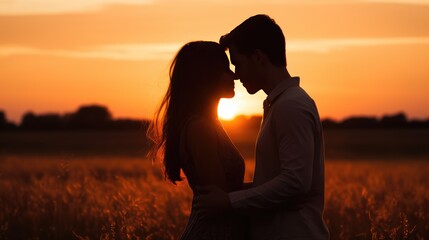 Romantic couple kissing outdoor at sunset on a field.