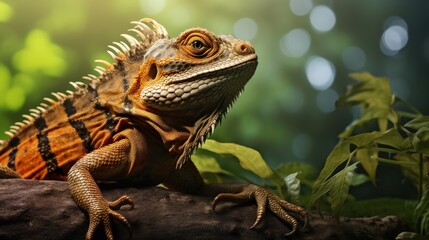 Fototapeta premium Oriental Garden Lizard on a branch, basking in the sun. This reptile with intricate scales is often found in Southeast Asia and makes for a great nature shot.