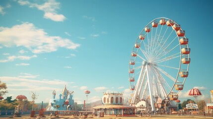 Amusement park ferris wheel in the blue sky