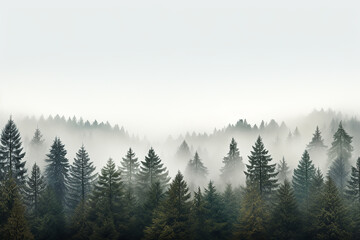 Rows of Nature Pine Trees in Forest with Foggy Weather AI Generative